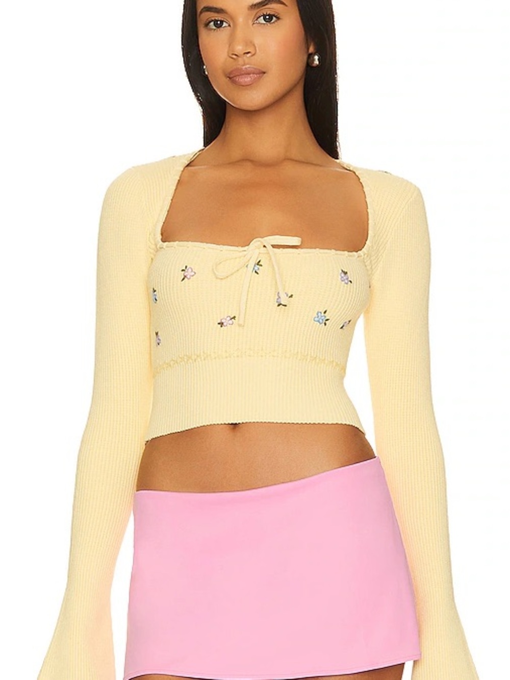 Home Sweet Home Square-Neck Crop Top with Floral Embroidery